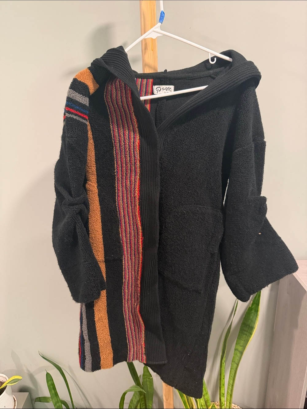 Black Hooded Coat with Multicolor Stripe Panel